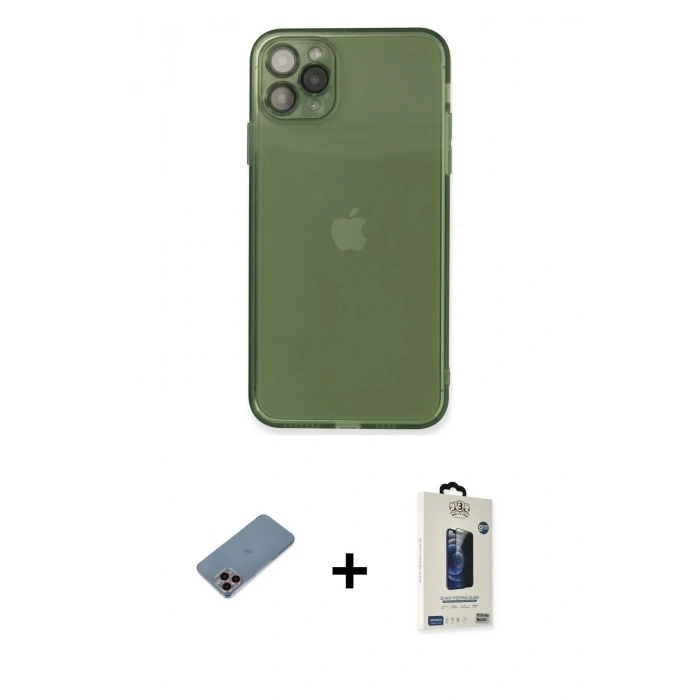 MARSİLYAN™- iPhone 11 Pro Max Kılıf Ahenk Doku - Siyah Bilvis Hayalet Cam Ekran Koruyucu + Pembe Shine Kamera Lens Koruma Cam
