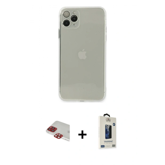 MARSİLYAN™- iPhone 11 Pro Max Kılıf Ahenk Doku - Siyah Bilvis Hayalet Cam Ekran Koruyucu + Pers Alüminyum Kamera Lens - KI