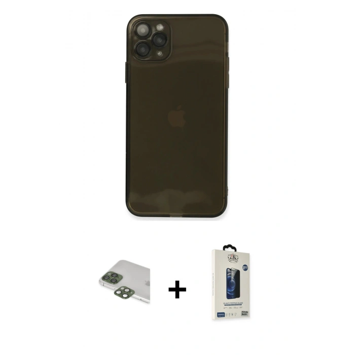 MARSİLYAN™- iPhone 11 Pro Max Kılıf Ahenk Doku - Siyah Bilvis Hayalet Cam Ekran Koruyucu + Pers Alüminyum Kamera Lens - YL