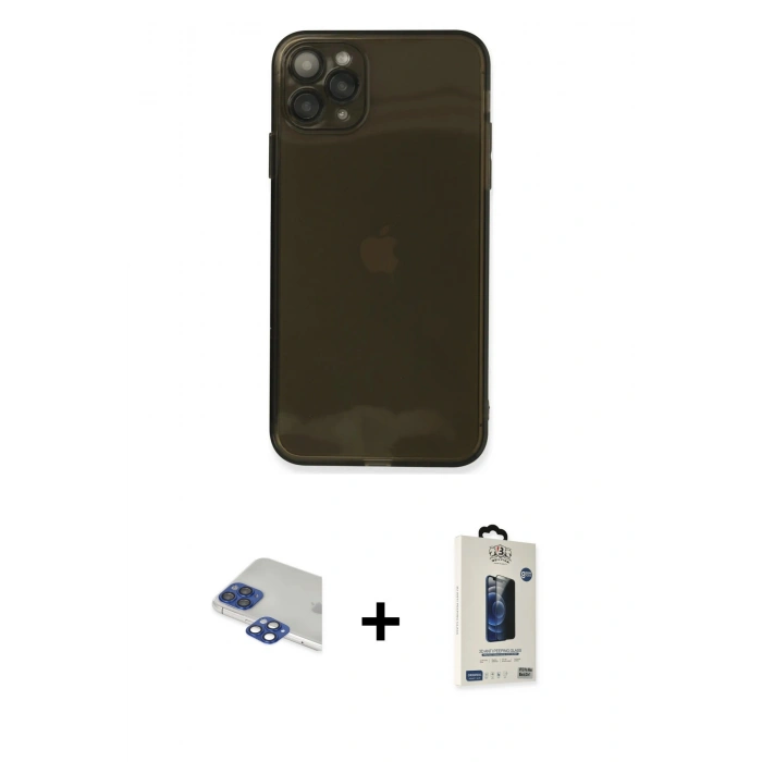 MARSİLYAN™- iPhone 11 Pro Max Kılıf Ahenk Doku - Siyah Bilvis Hayalet Cam Ekran Koruyucu + Pers Alüminyum Kamera Lens - LT