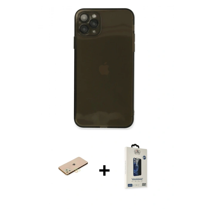 MARSİLYAN™- iPhone 11 Pro Max Kılıf Ahenk Doku - Siyah Bilvis Hayalet Cam Ekran Koruyucu + Renkli Kamera Lens Koruma Cam - SI