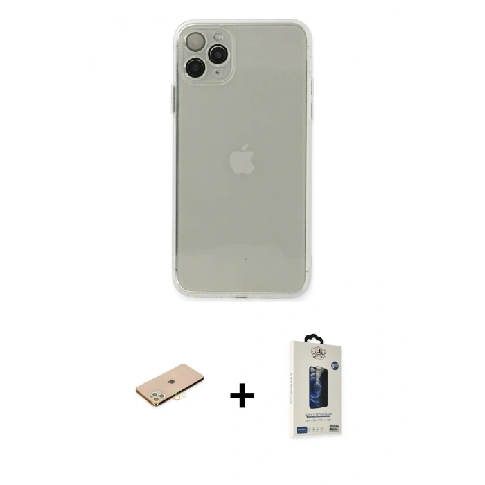 MARSİLYAN™- iPhone 11 Pro Max Kılıf Ahenk Doku - Siyah Bilvis Hayalet Cam Ekran Koruyucu + Renkli Kamera Lens Koruma Cam - SI