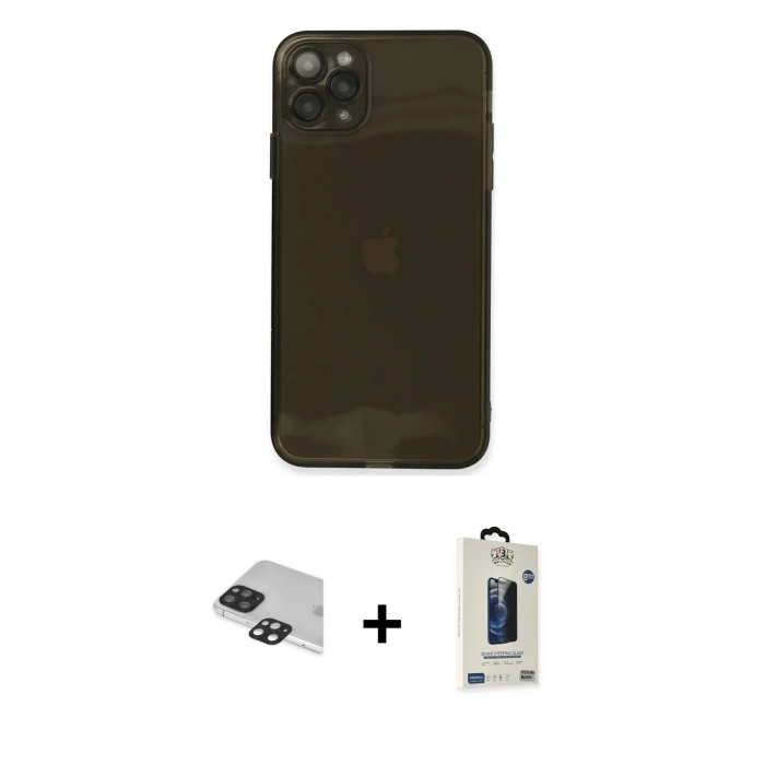 MARSİLYAN™- iPhone 11 Pro Max Kılıf Ahenk Doku - Siyah Bilvis Hayalet Cam Ekran Koruyucu + Pers Alüminyum Kamera Lens - SH