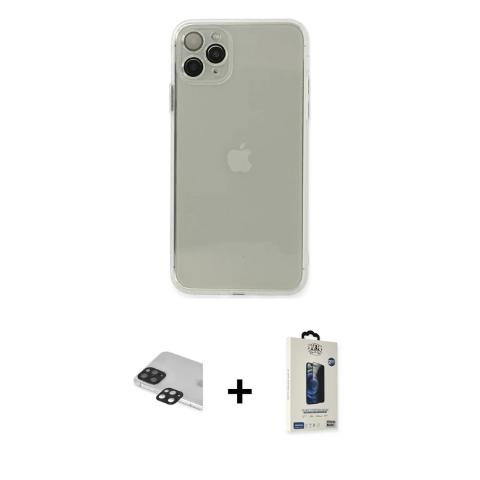 MARSİLYAN™- iPhone 11 Pro Max Kılıf Ahenk Doku - Siyah Bilvis Hayalet Cam Ekran Koruyucu + Pers Alüminyum Kamera Lens - SH