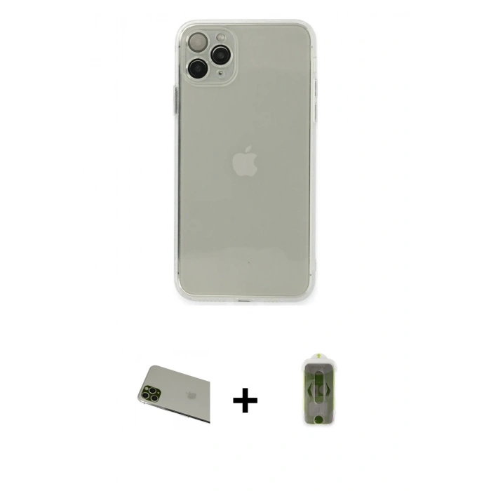 MARSİLYAN™- iPhone 11 Pro Max Kılıf Ahenk Doku - Siyah Joko Magic 5D Hayalet Cam + Rainbow Kamera Lens Koruma Cam - YL