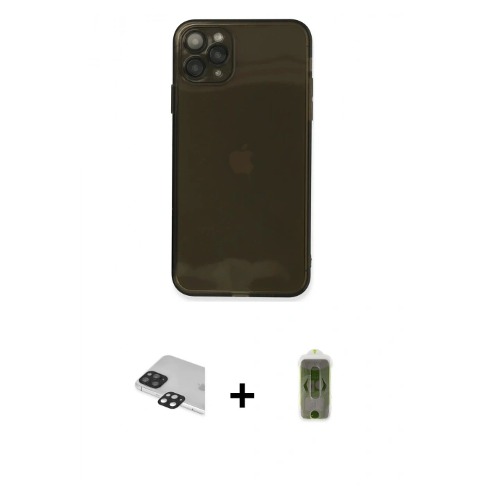 MARSİLYAN™- iPhone 11 Pro Max Kılıf Ahenk Doku - Siyah Joko Magic 5D Hayalet Cam + Siyah Pers Alüminyum Kamera Lens