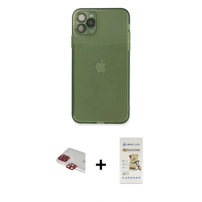 MARSİLYAN™- iPhone 11 Pro Max Kılıf Ahenk Doku - Siyah Mat Seramik Nano Ekran Koruyucu + Kırmızı Pers Alüminyum Kamera Lens