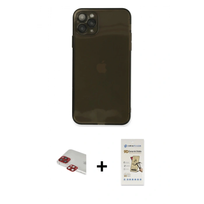 MARSİLYAN™- iPhone 11 Pro Max Kılıf Ahenk Doku - Siyah Mat Seramik Nano Ekran Koruyucu + Kırmızı Pers Alüminyum Kamera Lens