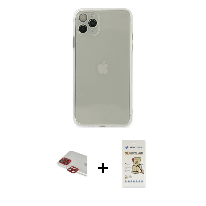 MARSİLYAN™- iPhone 11 Pro Max Kılıf Ahenk Doku - Siyah Mat Seramik Nano Ekran Koruyucu + Kırmızı Pers Alüminyum Kamera Lens