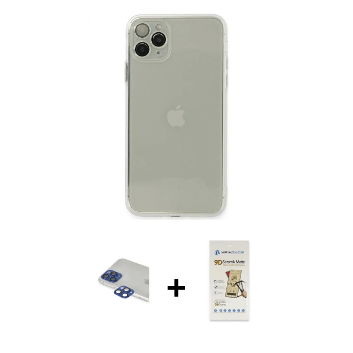 MARSİLYAN™- iPhone 11 Pro Max Kılıf Ahenk Doku - Siyah Mat Seramik Nano Ekran Koruyucu + Pers Alüminyum Kamera Lens - LT