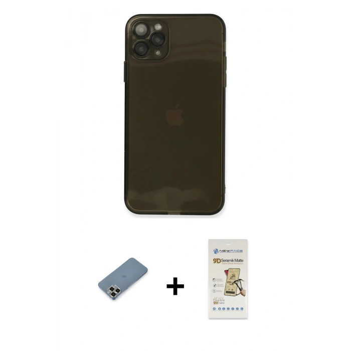 MARSİLYAN™- iPhone 11 Pro Max Kılıf Ahenk Doku - Siyah Mat Seramik Nano Ekran Koruyucu + Metal Kamera Lens Koruma Cam - GD