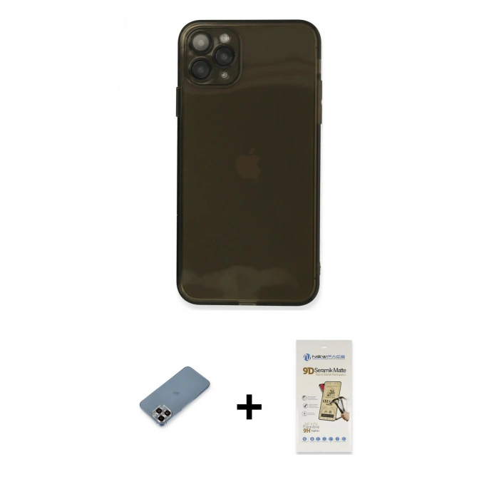MARSİLYAN™- iPhone 11 Pro Max Kılıf Ahenk Doku - Siyah Mat Seramik Nano Ekran Koruyucu + Metal Kamera Lens Koruma Cam - MR