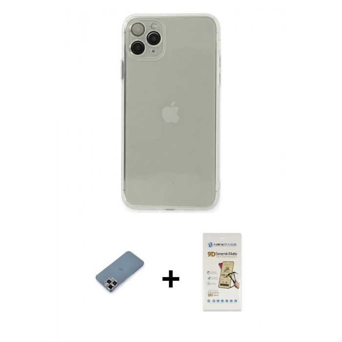MARSİLYAN™- iPhone 11 Pro Max Kılıf Ahenk Doku - Siyah Mat Seramik Nano Ekran Koruyucu + Metal Kamera Lens Koruma Cam - MR