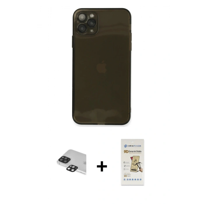 MARSİLYAN™- iPhone 11 Pro Max Kılıf Ahenk Doku - Siyah Mat Seramik Nano Ekran Koruyucu + Pers Alüminyum Kamera Lens - SH