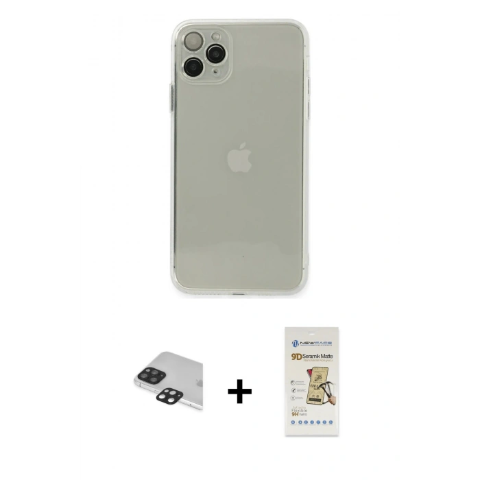 MARSİLYAN™- iPhone 11 Pro Max Kılıf Ahenk Doku - Siyah Mat Seramik Nano Ekran Koruyucu + Pers Alüminyum Kamera Lens - SH