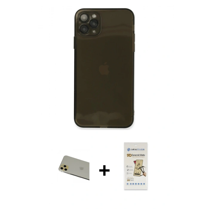 MARSİLYAN™- iPhone 11 Pro Max Kılıf Ahenk Doku - Siyah Mat Seramik Nano Ekran Koruyucu + Rainbow Kamera Lens Koruma Cam - GD