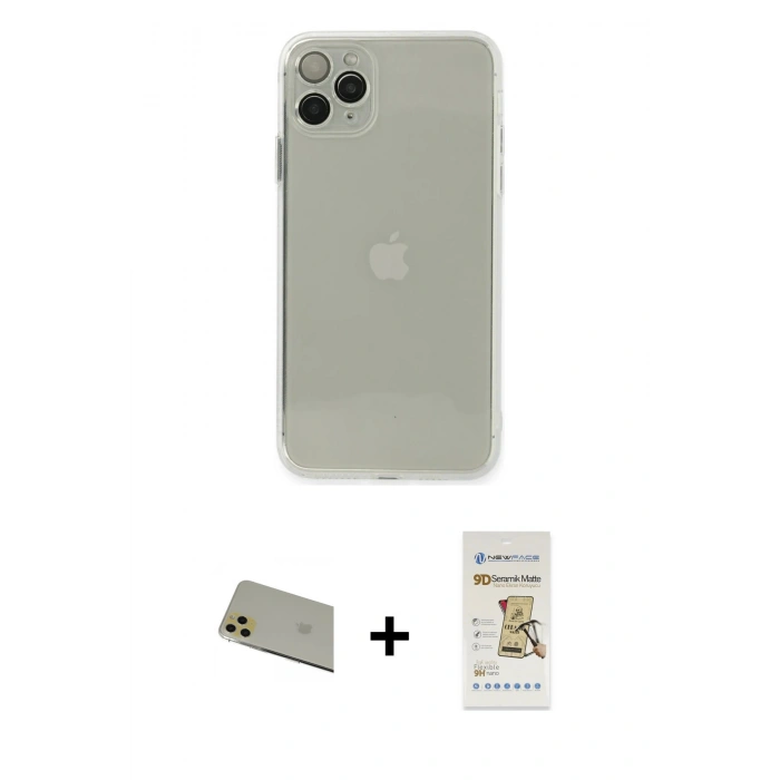 MARSİLYAN™- iPhone 11 Pro Max Kılıf Ahenk Doku - Siyah Mat Seramik Nano Ekran Koruyucu + Rainbow Kamera Lens Koruma Cam - GD