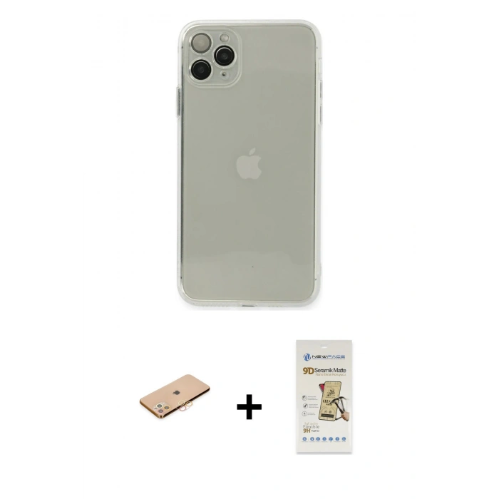 MARSİLYAN™- iPhone 11 Pro Max Kılıf Ahenk Doku - Siyah Mat Seramik Nano Ekran Koruyucu + Renkli Kamera Lens Koruma Cam - TU
