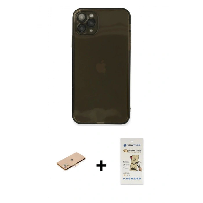 MARSİLYAN™- iPhone 11 Pro Max Kılıf Ahenk Doku - Siyah Mat Seramik Nano Ekran Koruyucu + Renkli Kamera Lens Koruma Cam - TU