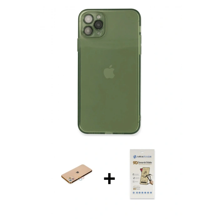 MARSİLYAN™- iPhone 11 Pro Max Kılıf Ahenk Doku - Siyah Mat Seramik Nano Ekran Koruyucu + Renkli Kamera Lens Koruma Cam - PE