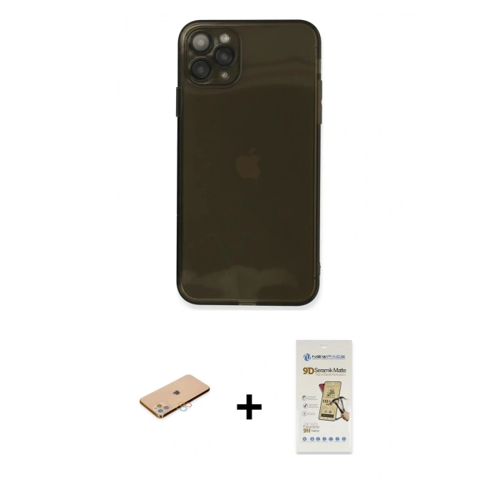MARSİLYAN™- iPhone 11 Pro Max Kılıf Ahenk Doku - Siyah Mat Seramik Nano Ekran Koruyucu + Renkli Kamera Lens Koruma Cam - PE