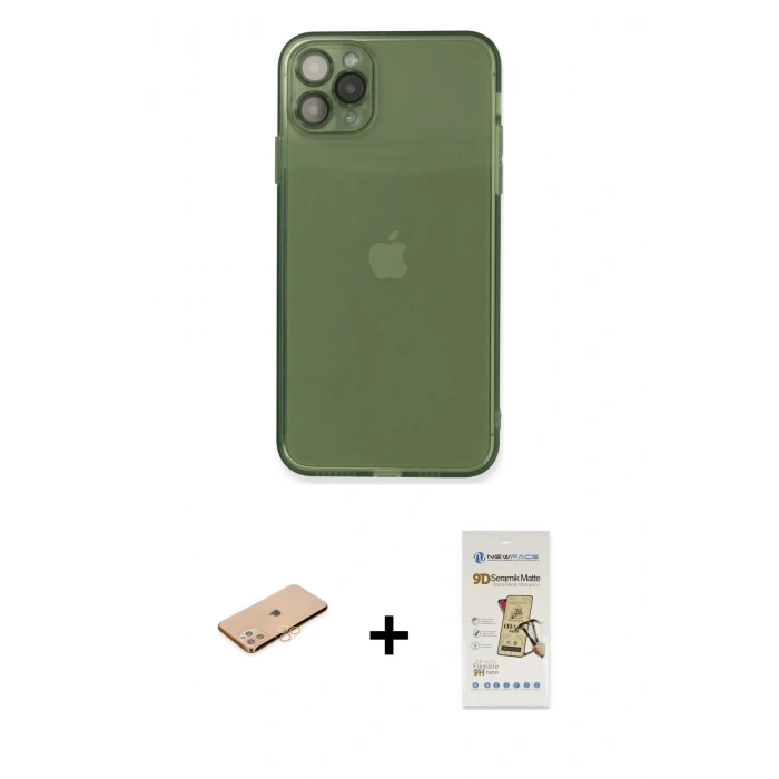 MARSİLYAN™- iPhone 11 Pro Max Kılıf Ahenk Doku - Siyah Mat Seramik Nano Ekran Koruyucu + Renkli Kamera Lens Koruma Cam - TU