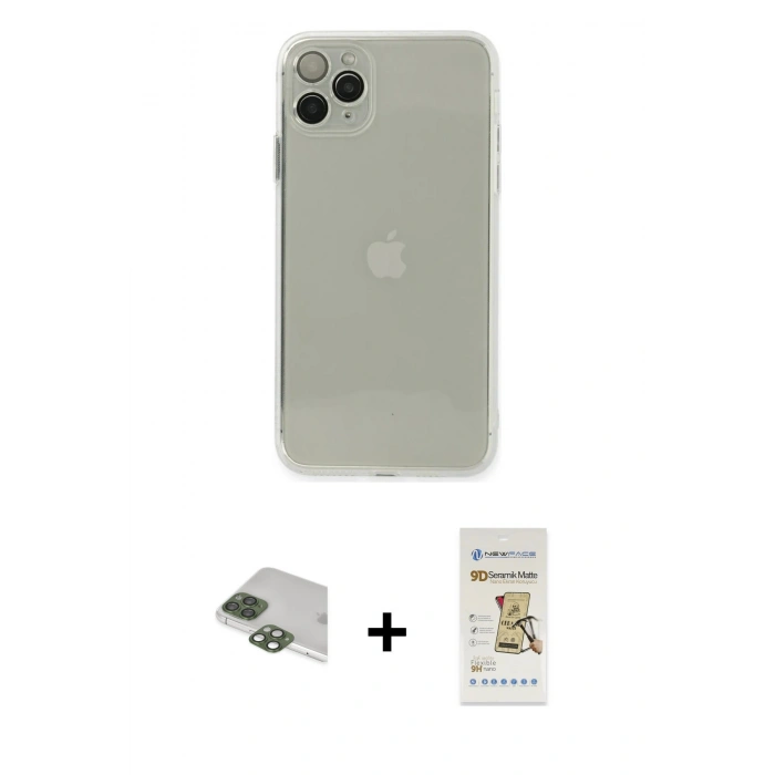 MARSİLYAN™- iPhone 11 Pro Max Kılıf Ahenk Doku - Siyah Mat Seramik Nano Ekran Koruyucu + Pers Alüminyum Kamera Lens - YL