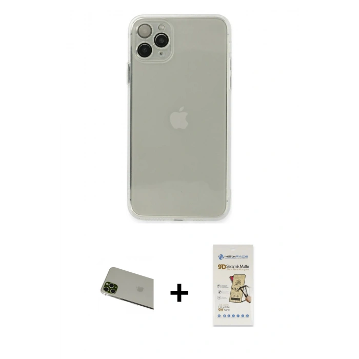 MARSİLYAN™- iPhone 11 Pro Max Kılıf Ahenk Doku - Siyah Mat Seramik Nano Ekran Koruyucu + Rainbow Kamera Lens Koruma Cam - YL