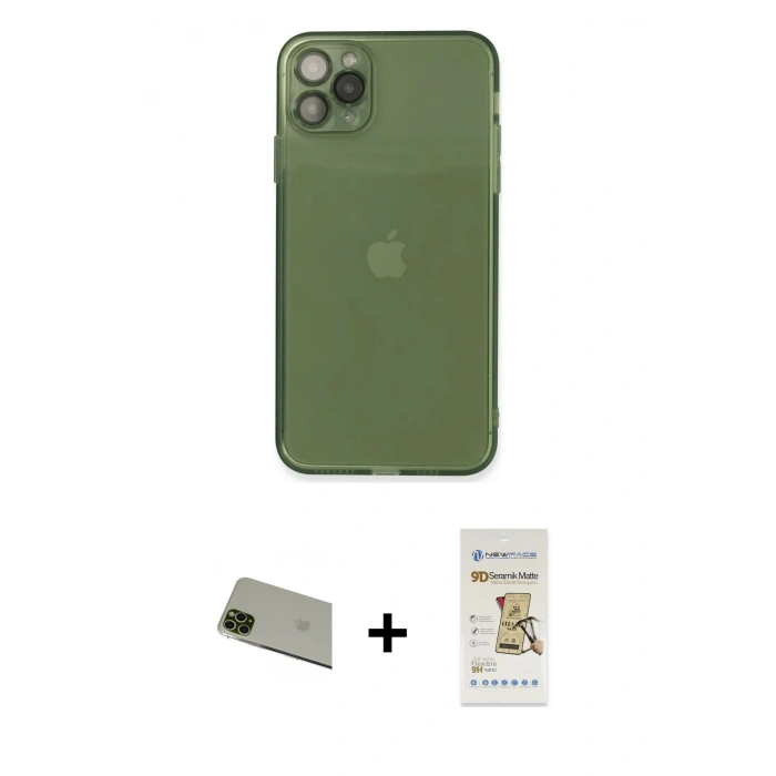 MARSİLYAN™- iPhone 11 Pro Max Kılıf Ahenk Doku - Siyah Mat Seramik Nano Ekran Koruyucu + Rainbow Kamera Lens Koruma Cam - YL