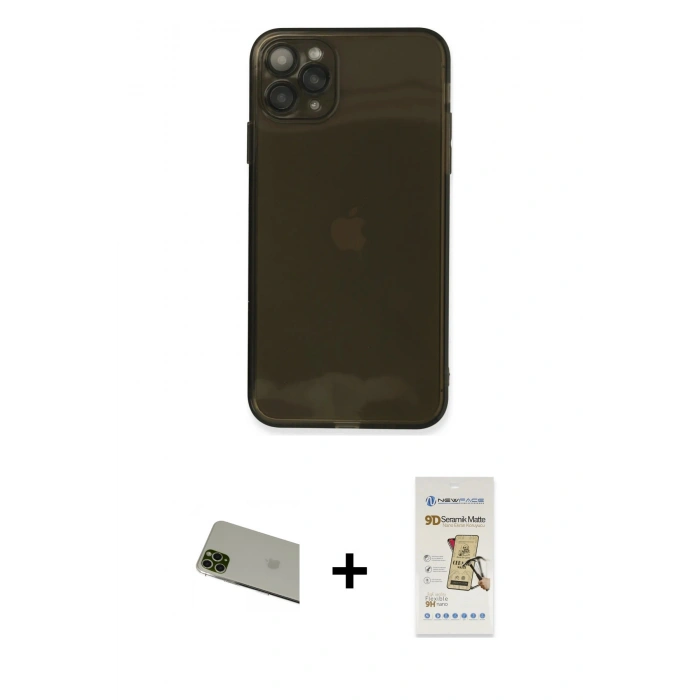 MARSİLYAN™- iPhone 11 Pro Max Kılıf Ahenk Doku - Siyah Mat Seramik Nano Ekran Koruyucu + Rainbow Kamera Lens Koruma Cam - YL