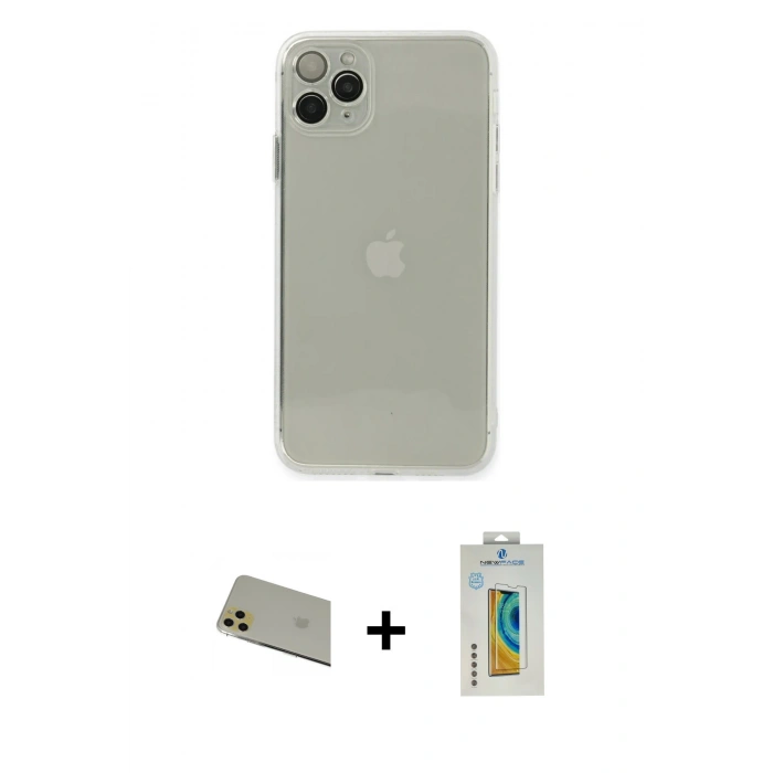MARSİLYAN™- iPhone 11 Pro Max Kılıf Ahenk Doku - Siyah Polymer Nano Ekran Koruyucu + Gold Rainbow Kamera Lens Koruma Cam