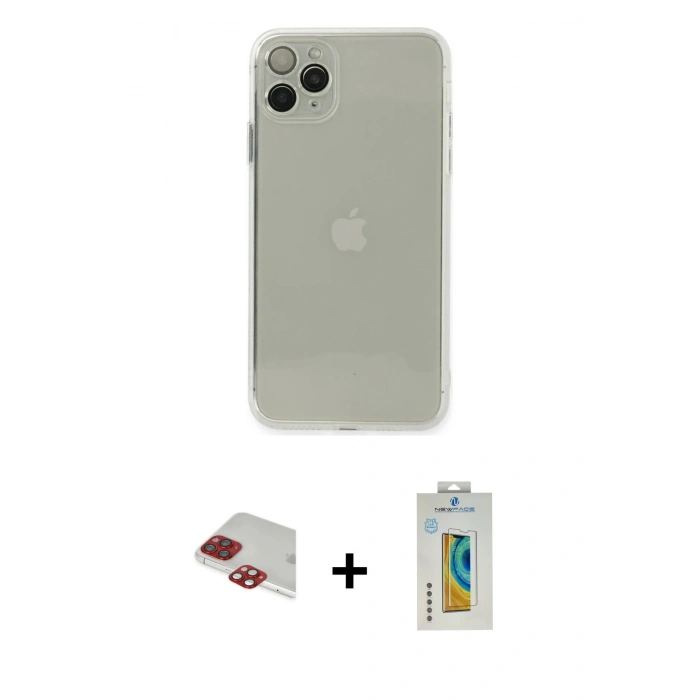 MARSİLYAN™- iPhone 11 Pro Max Kılıf Ahenk Doku - Siyah Polymer Nano Ekran Koruyucu + Pers Alüminyum Kamera Lens - KI