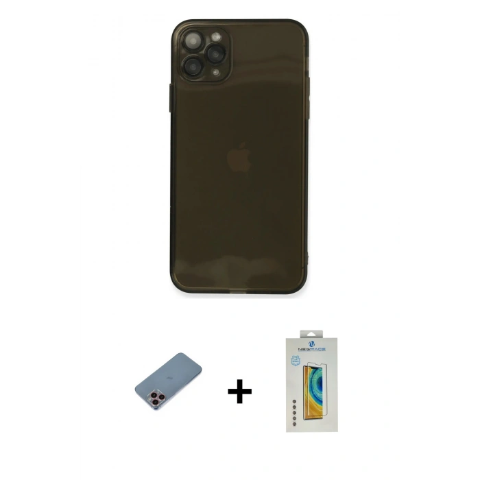 MARSİLYAN™- iPhone 11 Pro Max Kılıf Ahenk Doku - Siyah Polymer Nano Ekran Koruyucu + Pembe Shine Kamera Lens Koruma Cam