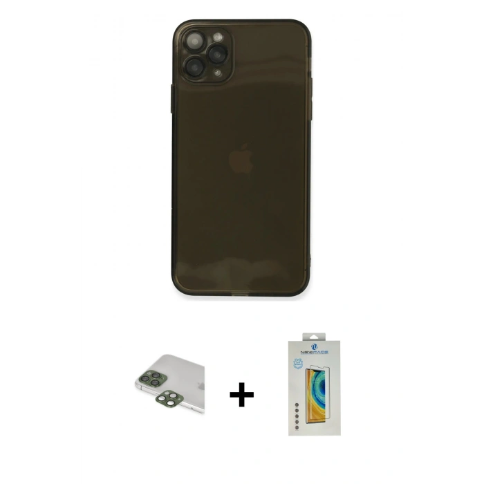 MARSİLYAN™- iPhone 11 Pro Max Kılıf Ahenk Doku - Siyah Polymer Nano Ekran Koruyucu + Pers Alüminyum Kamera Lens - YL