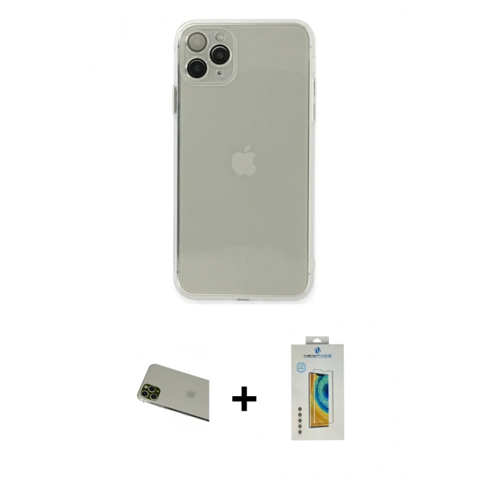 MARSİLYAN™- iPhone 11 Pro Max Kılıf Ahenk Doku - Siyah Polymer Nano Ekran Koruyucu + Rainbow Kamera Lens Koruma Cam - YL