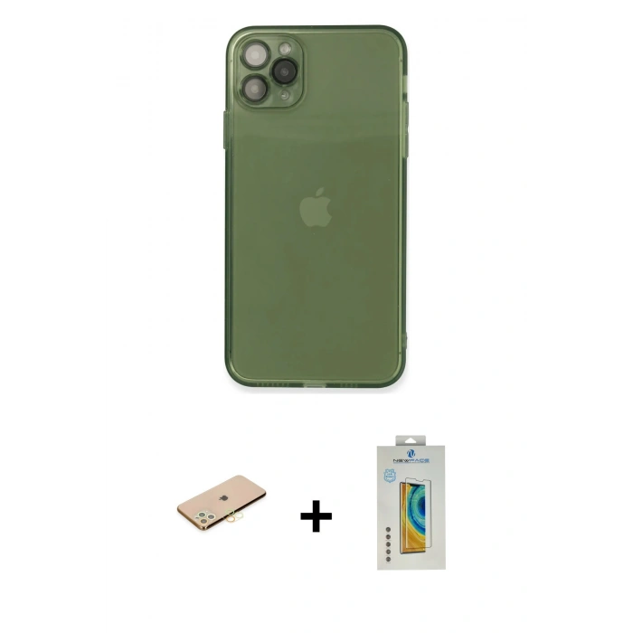 MARSİLYAN™- iPhone 11 Pro Max Kılıf Ahenk Doku - Siyah Polymer Nano Ekran Koruyucu + Renkli Kamera Lens Koruma Cam - SI