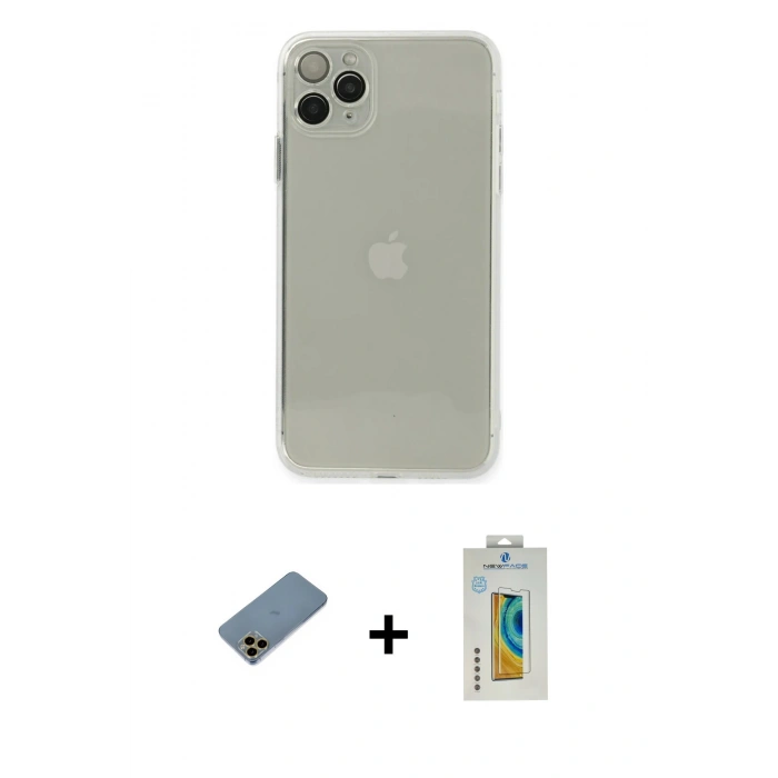 MARSİLYAN™- iPhone 11 Pro Max Kılıf Ahenk Doku - Siyah Polymer Nano Ekran Koruyucu + Shine Kamera Lens Koruma Cam - GD
