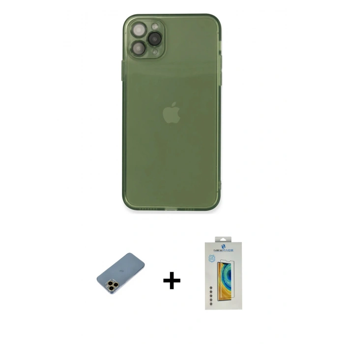 MARSİLYAN™- iPhone 11 Pro Max Kılıf Ahenk Doku - Siyah Polymer Nano Ekran Koruyucu + Shine Kamera Lens Koruma Cam - GD