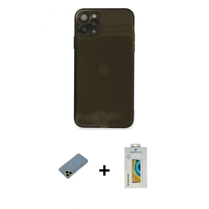 MARSİLYAN™- iPhone 11 Pro Max Kılıf Ahenk Doku - Siyah Polymer Nano Ekran Koruyucu + Shine Kamera Lens Koruma Cam - GD