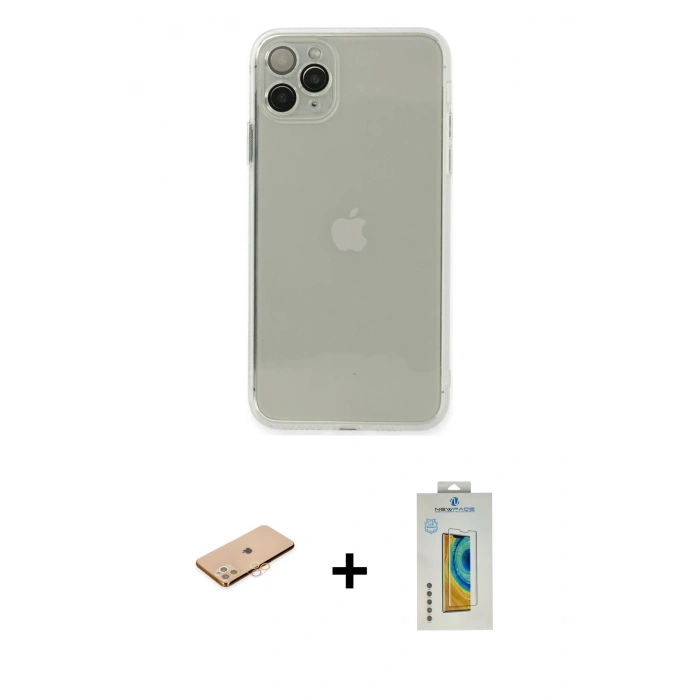 MARSİLYAN™- iPhone 11 Pro Max Kılıf Ahenk Doku - Siyah Polymer Nano Ekran Koruyucu + Renkli Kamera Lens Koruma Cam - TU