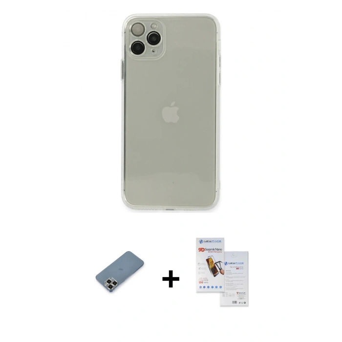 MARSİLYAN™- iPhone 11 Pro Max Kılıf Ahenk Doku - Siyah Seramik Nano Ekran Koruyucu + Metal Kamera Lens Koruma Cam - GD