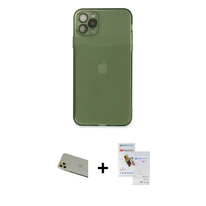 MARSİLYAN™- iPhone 11 Pro Max Kılıf Ahenk Doku - Siyah Seramik Nano Ekran Koruyucu + Rainbow Kamera Lens Koruma Cam - GD