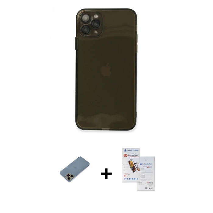 MARSİLYAN™- iPhone 11 Pro Max Kılıf Ahenk Doku - Siyah Seramik Nano Ekran Koruyucu + Shine Kamera Lens Koruma Cam - GD
