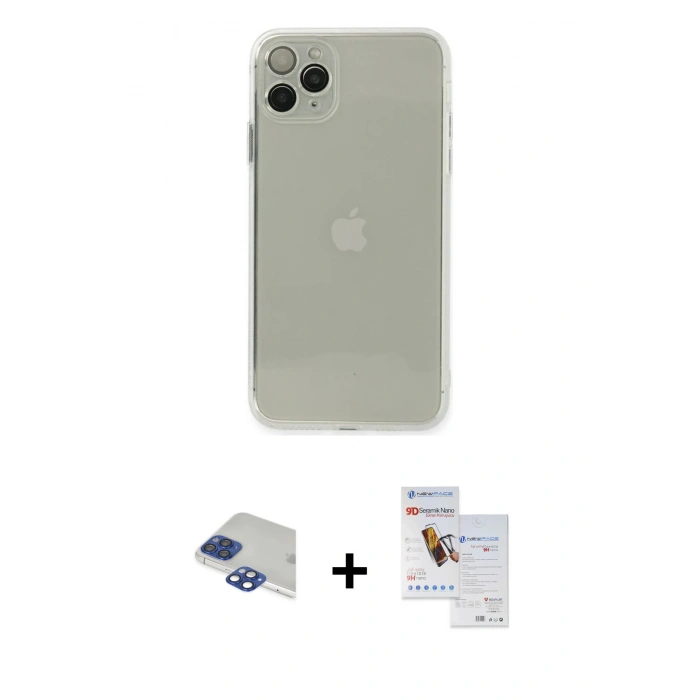 MARSİLYAN™- iPhone 11 Pro Max Kılıf Ahenk Doku - Siyah Seramik Nano Ekran Koruyucu + Pers Alüminyum Kamera Lens - LT