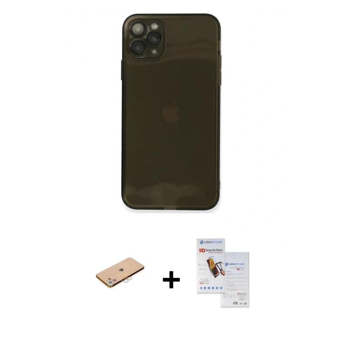 MARSİLYAN™- iPhone 11 Pro Max Kılıf Ahenk Doku - Siyah Seramik Nano Ekran Koruyucu + Renkli Kamera Lens Koruma Cam - PE