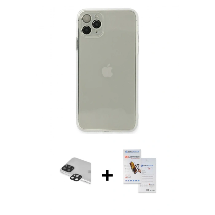 MARSİLYAN™- iPhone 11 Pro Max Kılıf Ahenk Doku - Siyah Seramik Nano Ekran Koruyucu + Pers Alüminyum Kamera Lens - SH
