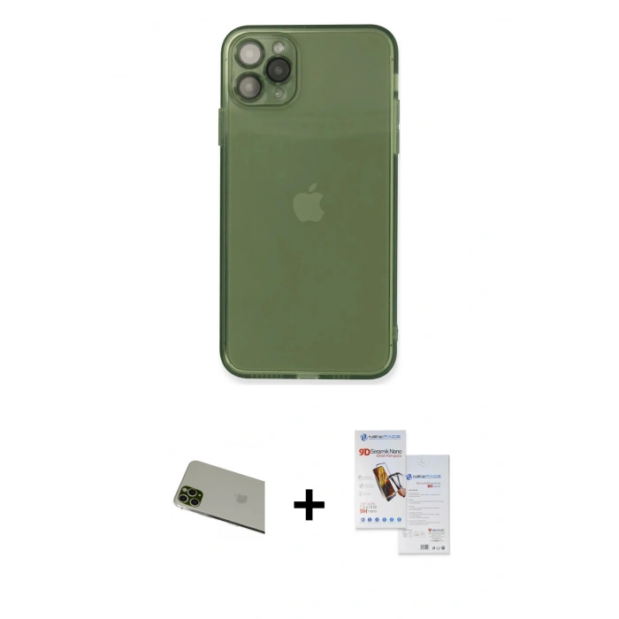 MARSİLYAN™- iPhone 11 Pro Max Kılıf Ahenk Doku - Siyah Seramik Nano Ekran Koruyucu + Rainbow Kamera Lens Koruma Cam - YL