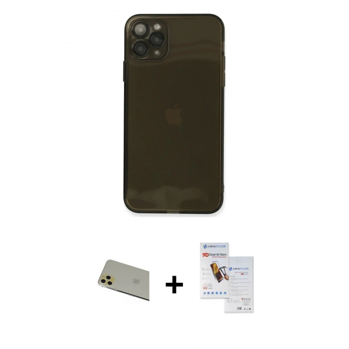 MARSİLYAN™- iPhone 11 Pro Max Kılıf Ahenk Doku - Siyah Seramik Nano Ekran Koruyucu + Rainbow Kamera Lens Koruma Cam - GD