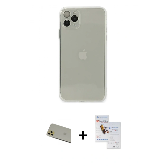 MARSİLYAN™- iPhone 11 Pro Max Kılıf Ahenk Doku - Siyah Seramik Nano Ekran Koruyucu + Rainbow Kamera Lens Koruma Cam - GD