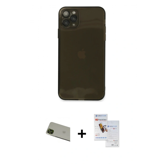 MARSİLYAN™- iPhone 11 Pro Max Kılıf Ahenk Doku - Siyah Seramik Nano Ekran Koruyucu + Rainbow Kamera Lens Koruma Cam - YL